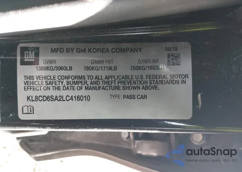 2020 Chevrolet Spark Fwd 1Lt Automatic z USA, uszkodzony, nr VIN KL8CD6SA2LC416010